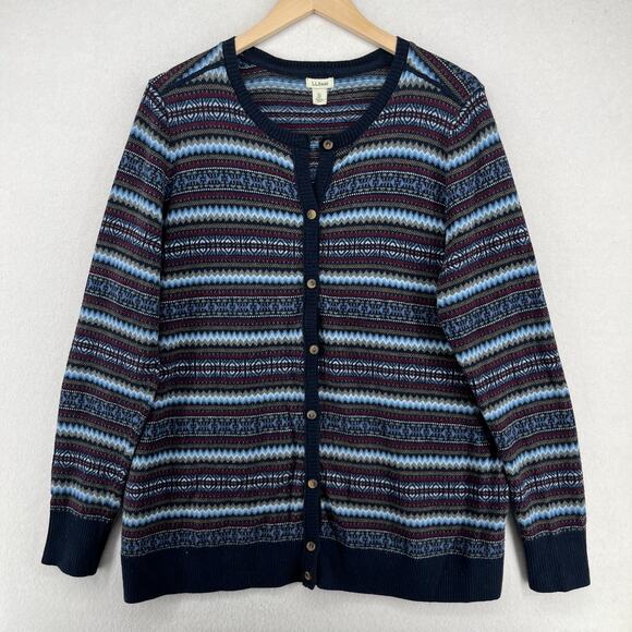 LL BEAN Sweater Womens XL Fair Isle Cardigan Button Up Cotton Cashmere Blue - Picture 1 of 14